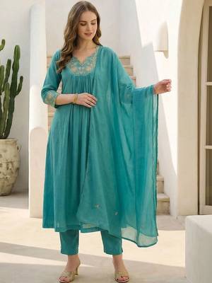 Women Floral Embroidered Panelled Beads and Stones Pure Cotton Kurta with Trousers & With Dupatta 2