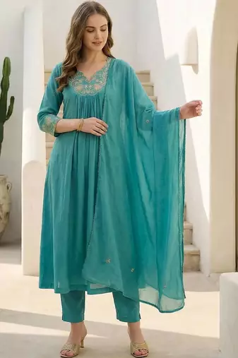 Women Floral Embroidered Panelled Beads and Stones Pure Cotton Kurta with Trousers & With Dupatta