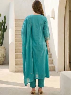 Women Floral Embroidered Panelled Beads and Stones Pure Cotton Kurta with Trousers & With Dupatta 4
