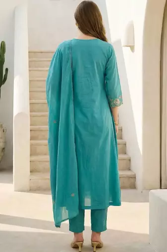 Women Floral Embroidered Panelled Beads and Stones Pure Cotton Kurta with Trousers & With Dupatta
