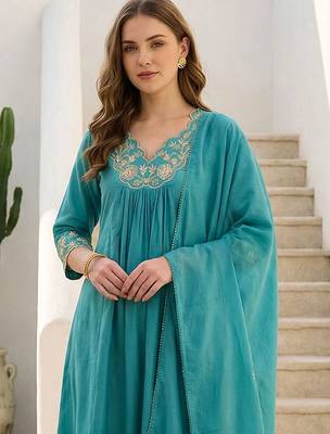 Women Floral Embroidered Panelled Beads and Stones Pure Cotton Kurta with Trousers & With Dupatta 5
