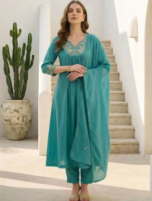 Women Floral Embroidered Panelled Beads and Stones Pure Cotton Kurta with Trousers & With Dupatta 6
