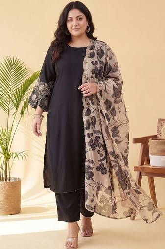 Plus Size Black Embroidered Straight Kurta Trousers With Dupatta Set