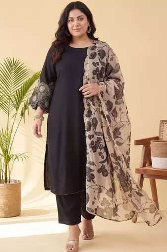 Plus Size Black Embroidered Straight Kurta Trousers With Dupatta Set