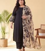 Plus Size Black Embroidered Straight Kurta Trousers With Dupatta Set