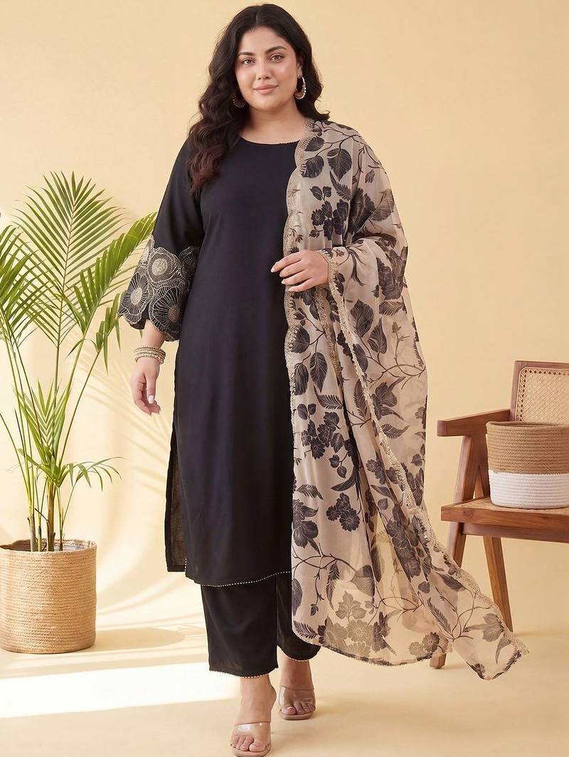 Plus Size Black Embroidered Straight Kurta Trousers With Dupatta Set