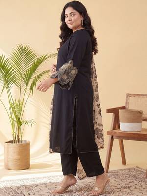 Plus Size Black Embroidered Straight Kurta Trousers With Dupatta Set 3
