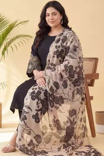 Plus Size Black Embroidered Straight Kurta Trousers With Dupatta Set