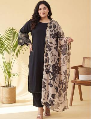 Plus Size Black Embroidered Straight Kurta Trousers With Dupatta Set 6