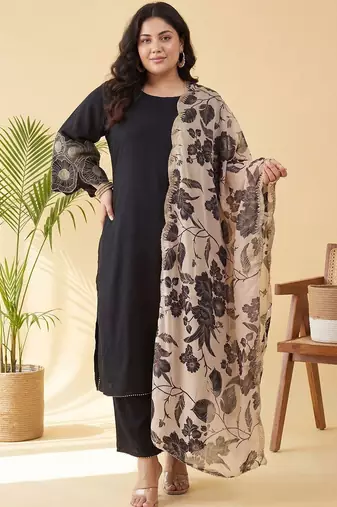 Plus Size Black Embroidered Straight Kurta Trousers With Dupatta Set