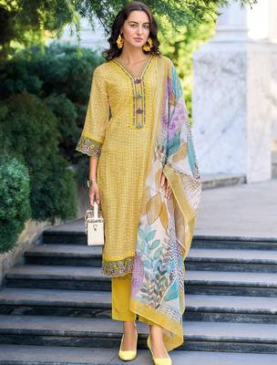 Women Ethnic Motifs Printed Regular Thread Work Linen Kurta with Trousers & With Dupatta 1