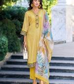 Women Ethnic Motifs Printed Regular Thread Work Linen Kurta with Trousers & With Dupatta