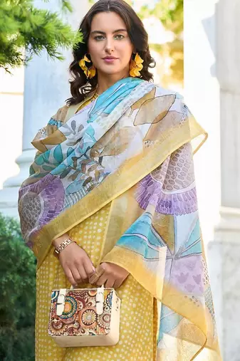 Women Ethnic Motifs Printed Regular Thread Work Linen Kurta with Trousers & With Dupatta