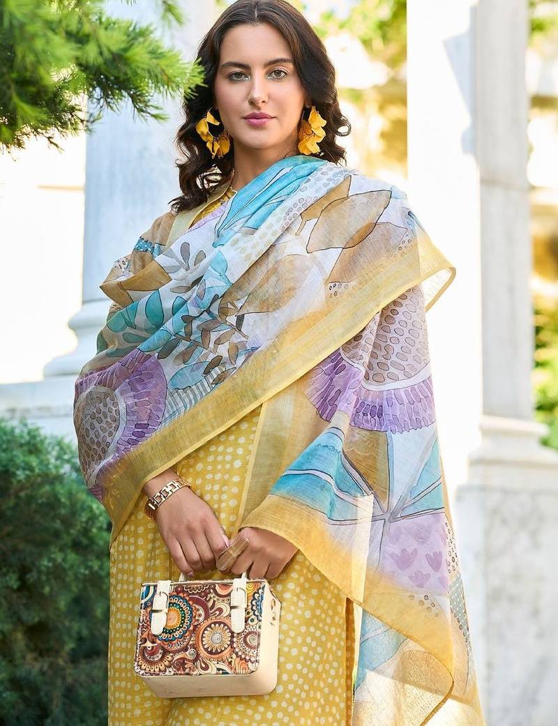 Women Ethnic Motifs Printed Regular Thread Work Linen Kurta with Trousers & With Dupatta