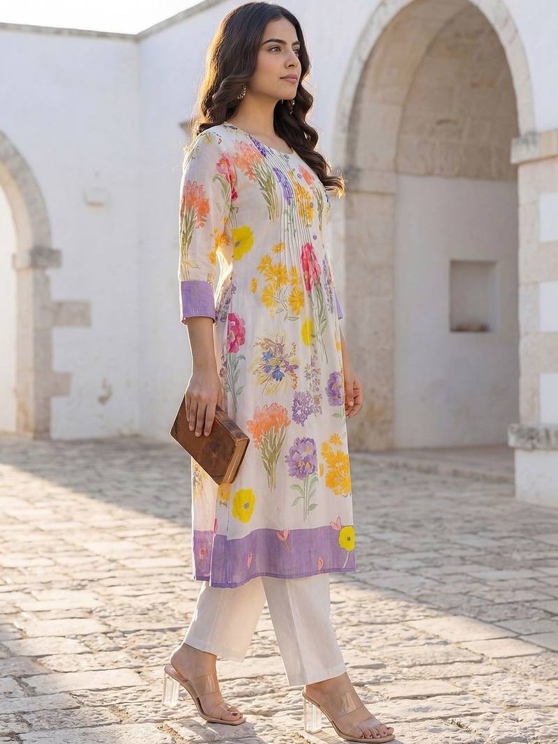 Women Floral Printed Pleated Pure Cotton Kurta with Trousers