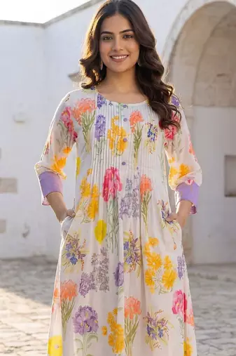 Women Floral Printed Pleated Pure Cotton Kurta with Trousers