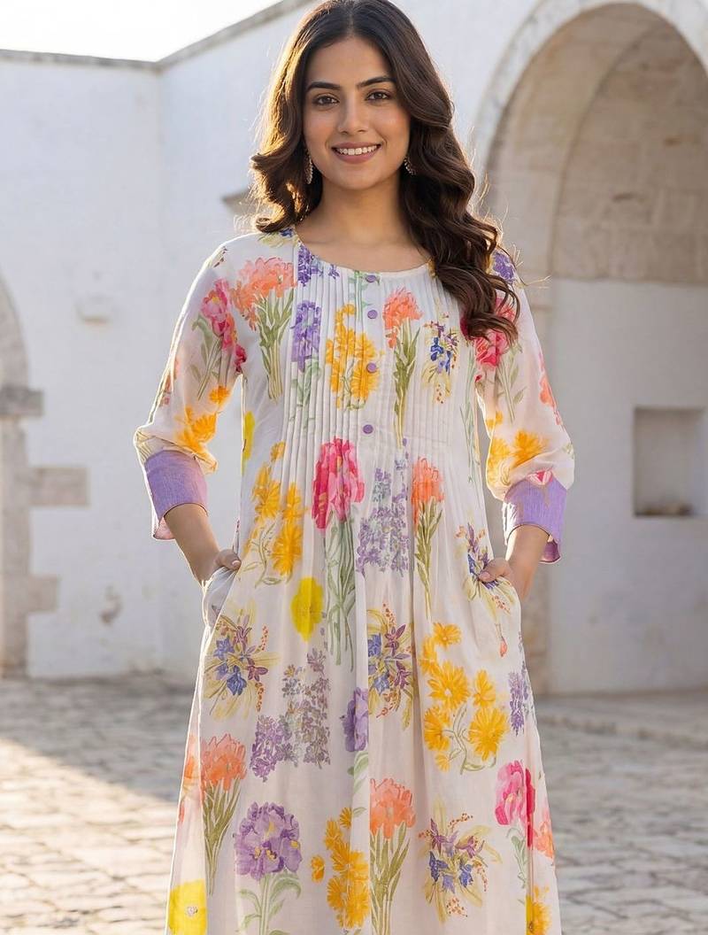 Women Floral Printed Pleated Pure Cotton Kurta with Trousers