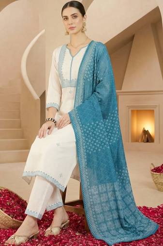Women Ethnic Motifs Embroidered Regular Thread Work Pure Cotton Kurta with Trousers & With Dupatta