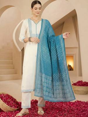 Women Ethnic Motifs Embroidered Regular Thread Work Pure Cotton Kurta with Trousers & With Dupatta 2