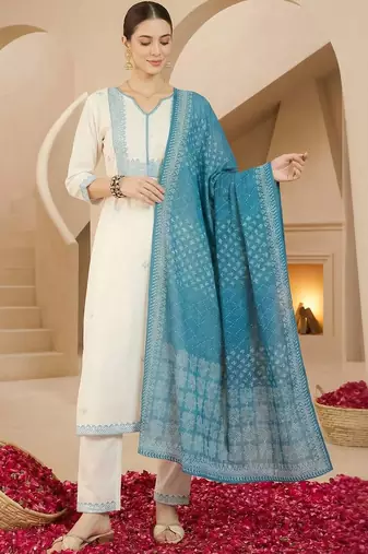 Women Ethnic Motifs Embroidered Regular Thread Work Pure Cotton Kurta with Trousers & With Dupatta