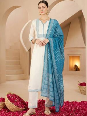 Women Ethnic Motifs Embroidered Regular Thread Work Pure Cotton Kurta with Trousers & With Dupatta 6