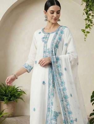 Women Ethnic Motifs Embroidered Regular Thread Work Pure Cotton Kurta with Trousers & With Dupatta 1