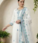 Women Ethnic Motifs Embroidered Regular Thread Work Pure Cotton Kurta with Trousers & With Dupatta