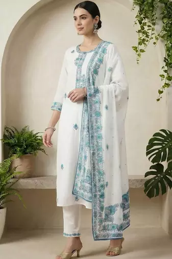 Women Ethnic Motifs Embroidered Regular Thread Work Pure Cotton Kurta with Trousers & With Dupatta