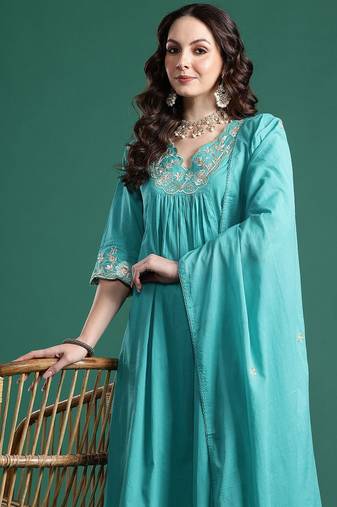 Floral Embroidered  Cotton Kurta with Trousers & Dupatta
