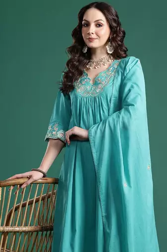 Floral Embroidered Pure Cotton Kurta with Trousers & Dupatta