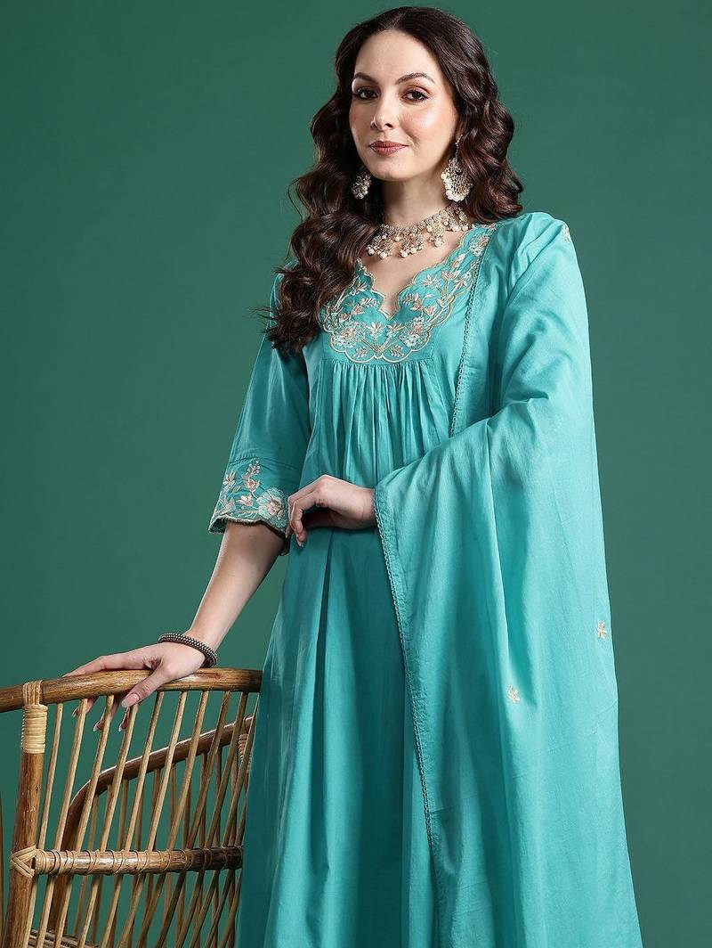 Floral Embroidered Pure Cotton Kurta with Trousers & Dupatta