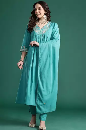 Floral Embroidered Pure Cotton Kurta with Trousers & Dupatta