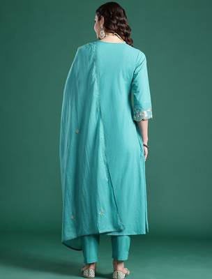 Floral Embroidered Pure Cotton Kurta with Trousers & Dupatta 7