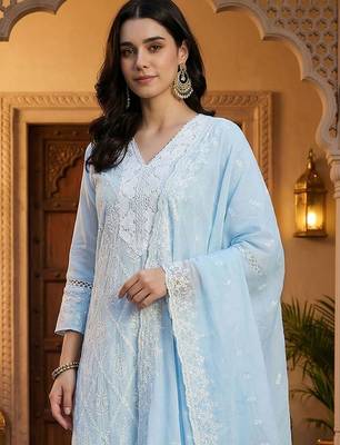 Women Ethnic Motifs Embroidered Regular Thread Work Pure Cotton Kurta with Trousers & With Dupatta 1