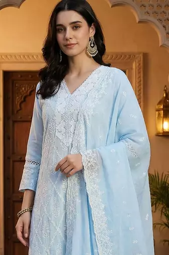 Women Ethnic Motifs Embroidered Regular Thread Work Pure Cotton Kurta with Trousers & With Dupatta