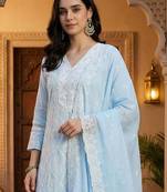 Women Ethnic Motifs Embroidered Regular Thread Work Pure Cotton Kurta with Trousers & With Dupatta