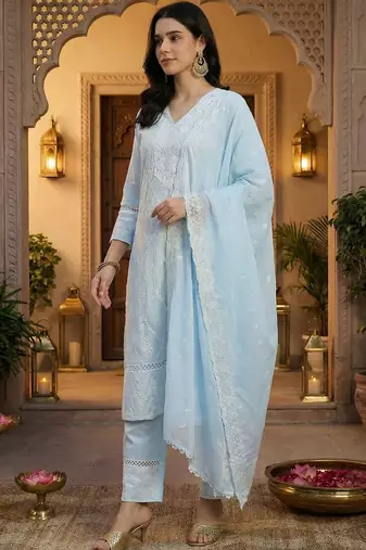 Women Ethnic Motifs Embroidered Regular Thread Work Pure Cotton Kurta with Trousers & With Dupatta