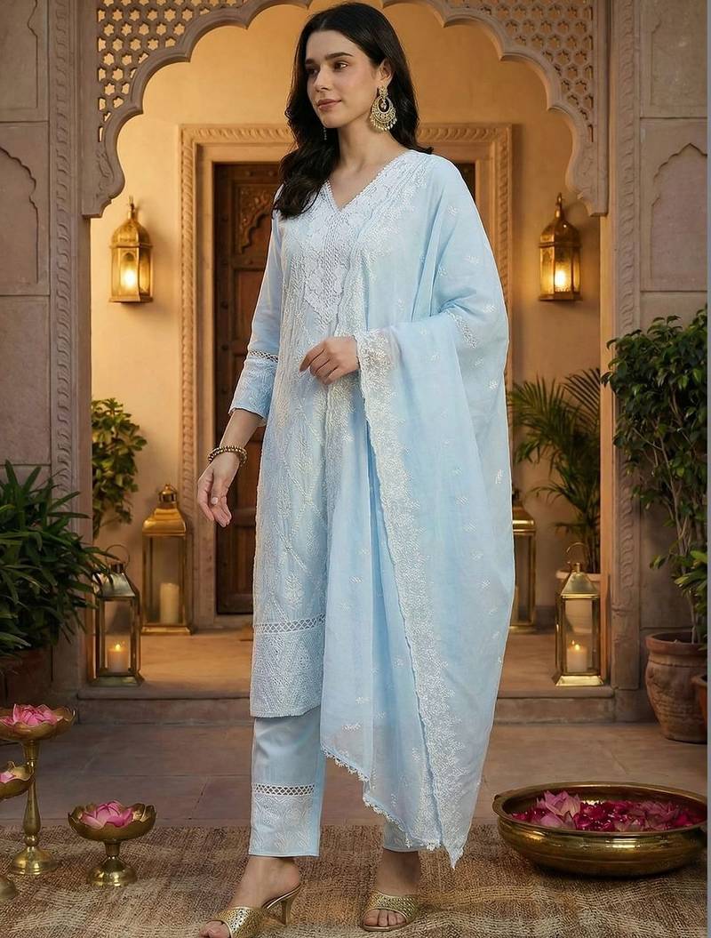 Women Ethnic Motifs Embroidered Regular Thread Work Pure Cotton Kurta with Trousers & With Dupatta