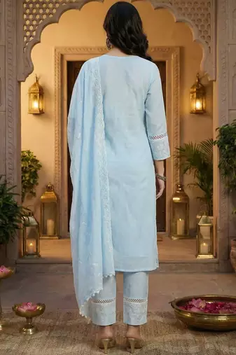 Women Ethnic Motifs Embroidered Regular Thread Work Pure Cotton Kurta with Trousers & With Dupatta
