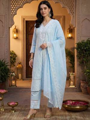 Women Ethnic Motifs Embroidered Regular Thread Work Pure Cotton Kurta with Trousers & With Dupatta 4