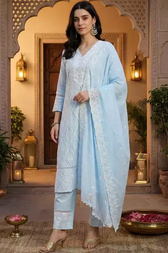 Women Ethnic Motifs Embroidered Regular Thread Work Pure Cotton Kurta with Trousers & With Dupatta