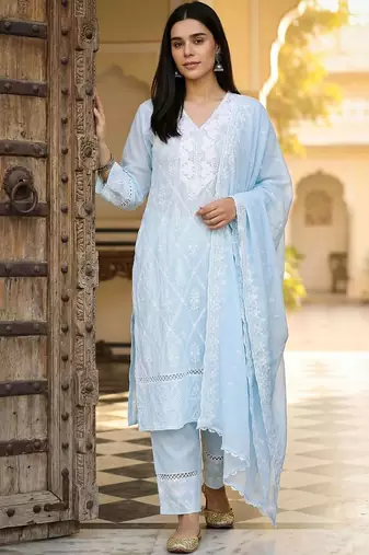 Women Ethnic Motifs Embroidered Regular Thread Work Pure Cotton Kurta with Trousers & With Dupatta