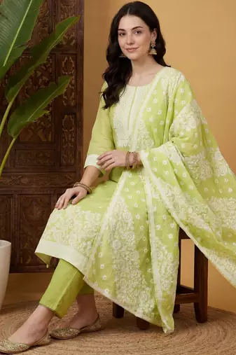 Women Ethnic Motifs Regular Kurta with Trousers & With Dupatta