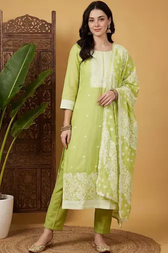 Women Ethnic Motifs Regular Kurta with Trousers & With Dupatta