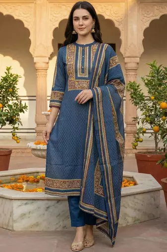 Women Ethnic Motifs Printed Regular Pure Cotton Kurta with Trousers & Dupatta
