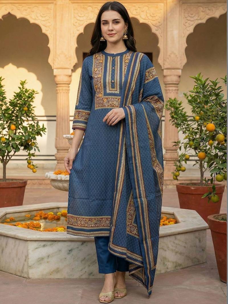 Women Ethnic Motifs Printed Regular Pure Cotton Kurta with Trousers & Dupatta