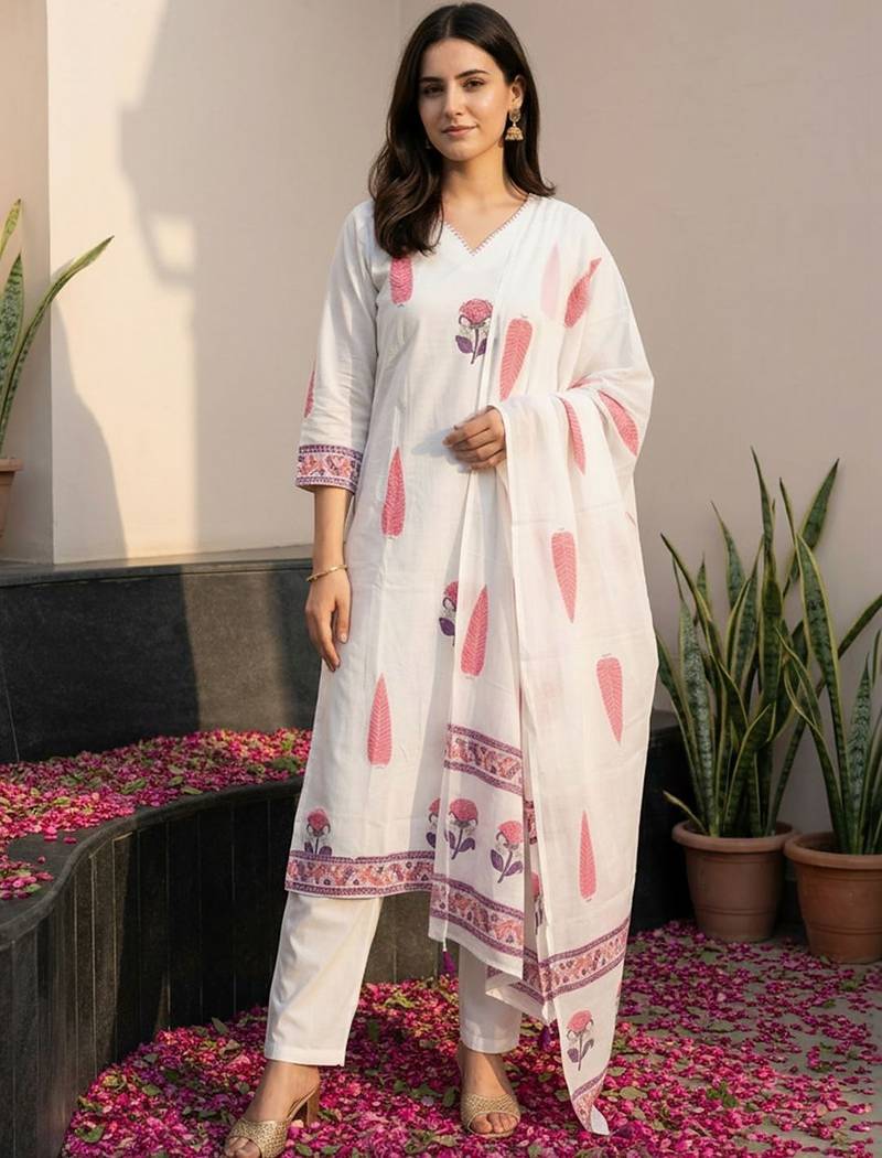 Women Floral Printed Regular Pure Cotton Kurta with Trousers & With Dupatta