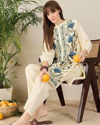 Floral Embroidered Mandarin Collar Thread Work Straight Cotton Kurta & Palazzos 1