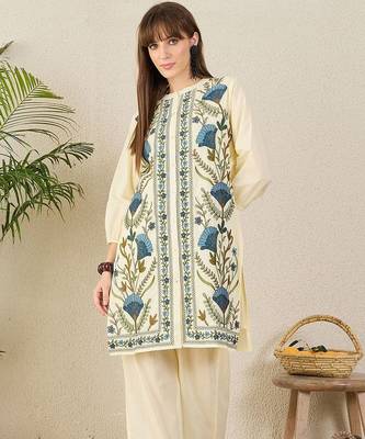 Floral Embroidered Mandarin Collar Thread Work Straight Cotton Kurta & Palazzos 2