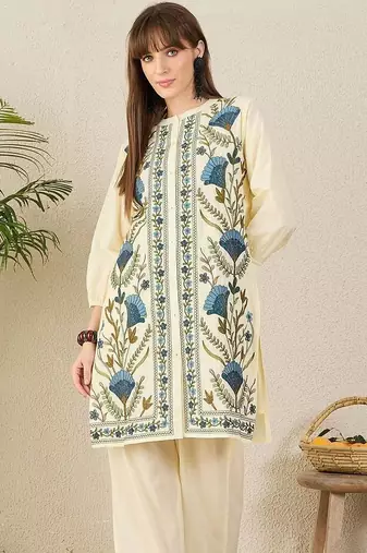 Floral Embroidered Mandarin Collar Thread Work Straight Cotton Kurta & Palazzos